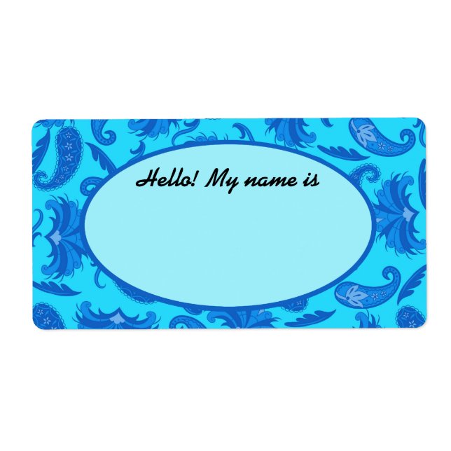 Etiqueta de nombre turquesa y azul paisley (Frente)