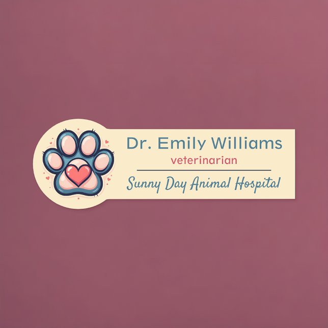 Etiqueta de nombre veterinaria con papel impreso y (🐾 Paw print with a heart name tag for true animal lovers! ❤️)