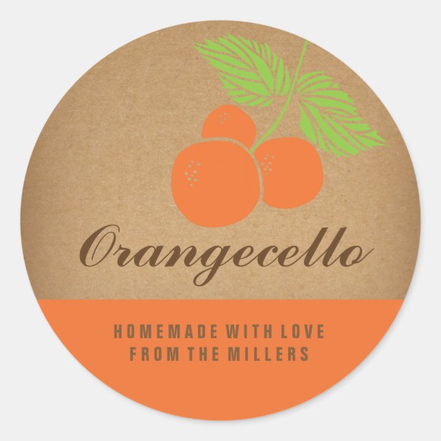 Etiqueta de Orangecello, pegatina naranja redondo (Anverso)