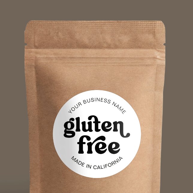 Etiqueta de panadería Gluten Free Retro Simple Ret (Stylish gluten free promotional product sticker with retro groovy fonts in black and white)