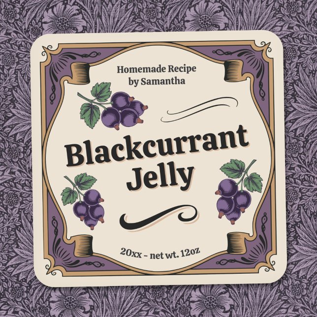 Etiqueta de Pegatina de Mermelada de Grosella Negr (Vintage-Style Blackcurrant Jelly Label Sticker)
