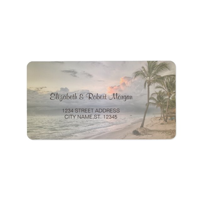 Etiqueta de playa, arena y palmeras (Frente)