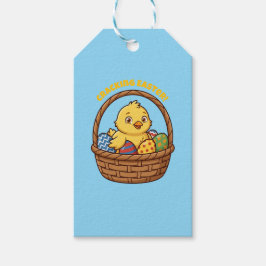 Etiqueta de pollito de Pascua en una cesta