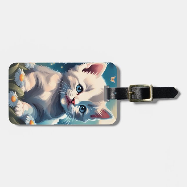 Etiqueta de portaequipajes acrílicos de gato blanc (Frente Horizontal)
