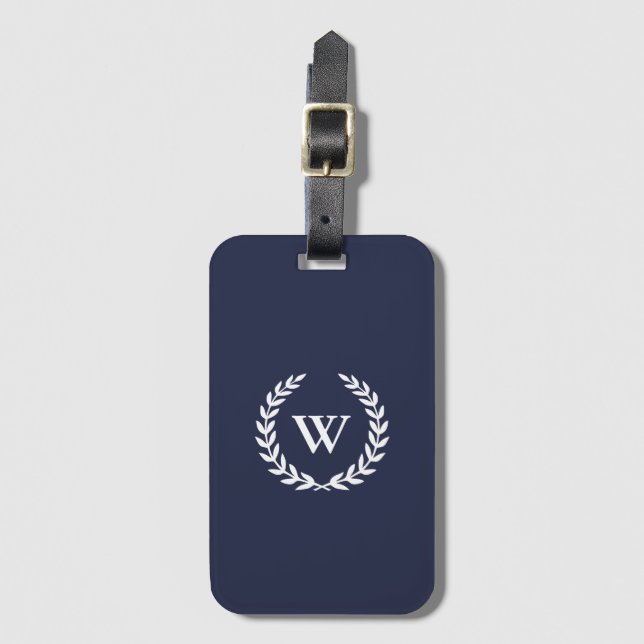 Etiqueta de portaequipajes azul elegante monograma (Anverso vertical)