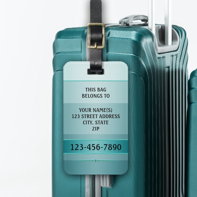 Etiqueta de portaequipajes con bandas metálicas Ve (Luggage tag showing an elegant striped design in teal green turquoise with a 
 metallic effect)