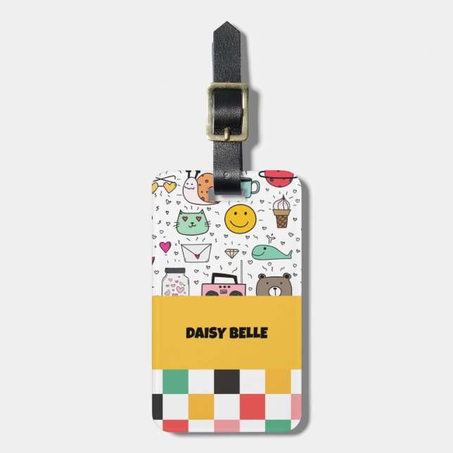 Etiqueta de portaequipajes de Emoji de cuadros col (Frente Vertical)