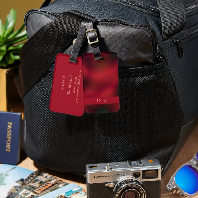 Etiqueta de portaequipajes de monograma rojo y neg (Anverso & Reverso)