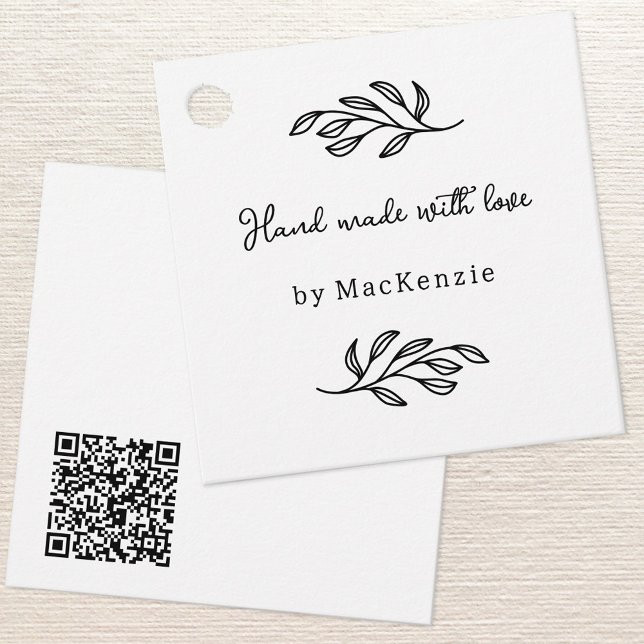 Etiqueta de precio botánico de código QR hecha a m (Hand Made with Love custom name botanical leaf line art small business maker price or hang tag)