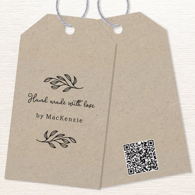 Etiqueta De Precio Con Código QR De Papel Marrón H (Hand Made with Love custom name botanical leaf line art small business maker QR code price tag)