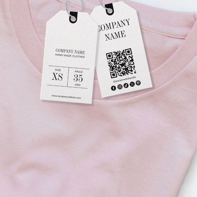 Etiqueta de precio de ropa con código QR minimalis (Business Logo Clothing Label Price Hang Tag, black and white)