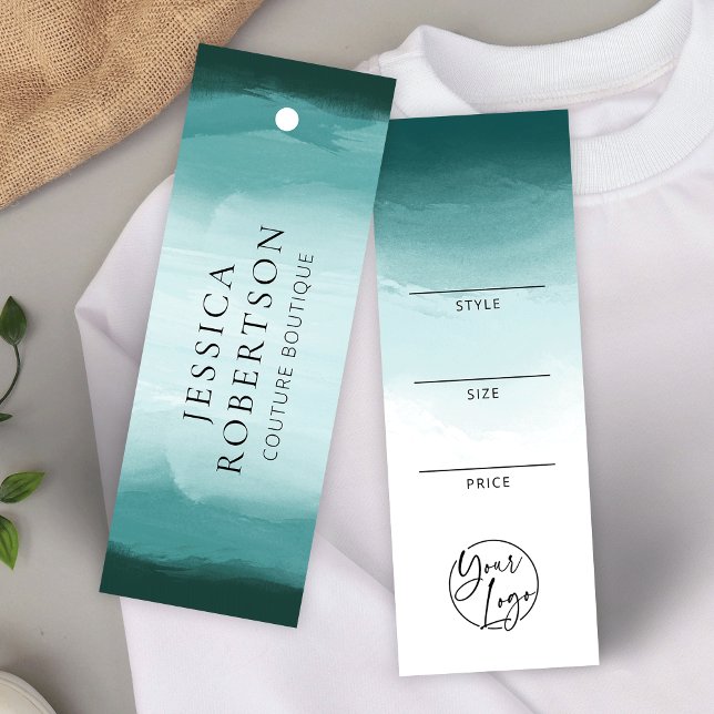 Etiqueta de precio de ropa Verde azulada de acuare (Elegant turquoise watercolor fashion boutique price tag labels with your logo)