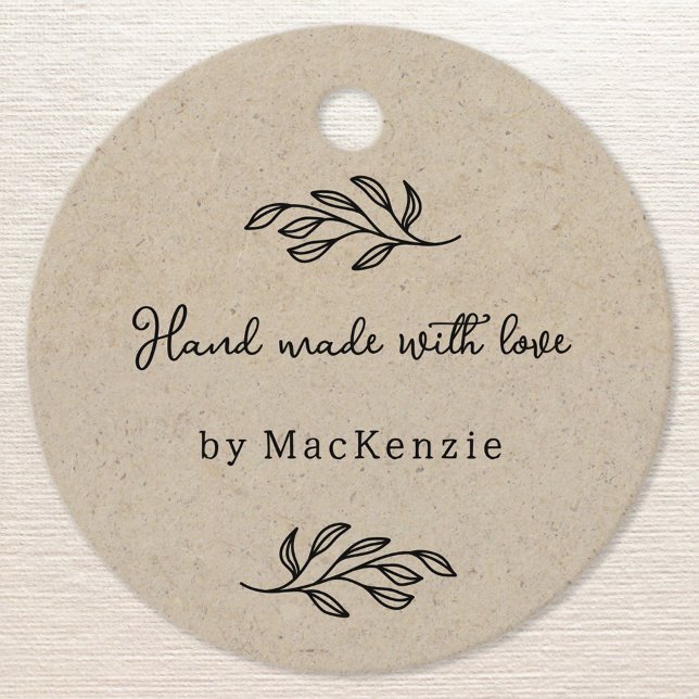 Etiqueta De Precio Marrón Personalizada Hecha A Ma (Hand Made with Love personalized botanical leaf line art brown paper effect price or hang tags)