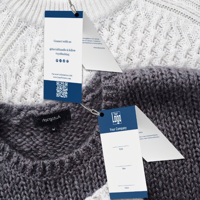 Etiqueta de precio plegado con el código QR con el (Blue White Logo QR Code Clothing Folded Price Tag)
