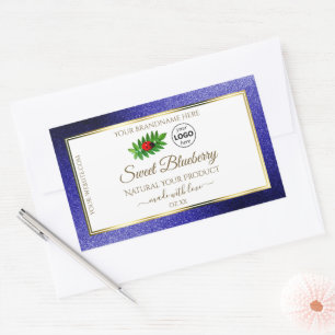 Etiqueta de producto azul blanca con logotipo