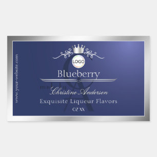 Etiqueta de producto azul marino con logotipo de m