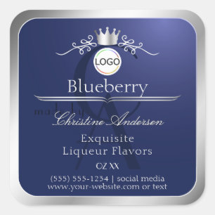 Etiqueta de producto azul marino con logotipo de m