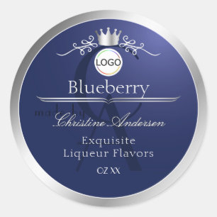 Etiqueta de producto azul marino con logotipo de m