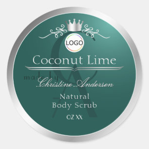 Etiqueta de producto azul teal oscuro con logotipo