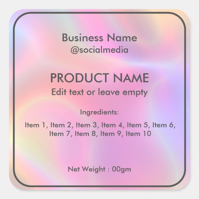 Etiqueta de producto de ingredientes holográficos  (Anverso)