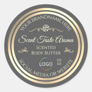 Etiqueta de producto gris oscuro con marco y logot