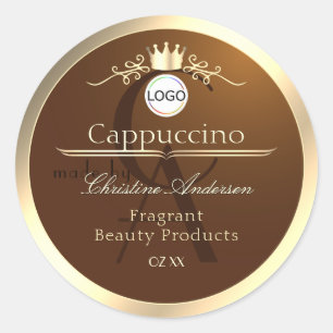Etiqueta de producto marrón oscuro con logotipo de