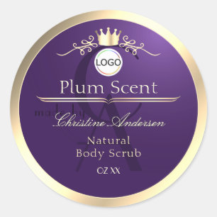 Etiqueta de producto morado oscuro con logotipo de