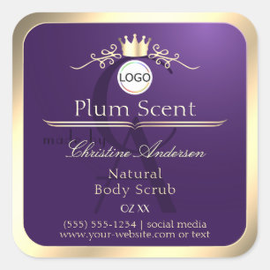 Etiqueta de producto morado oscuro con logotipo de