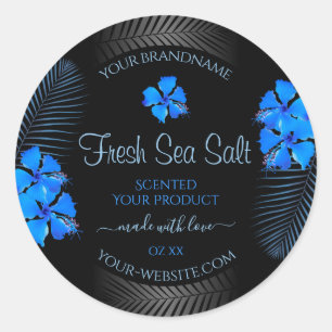 Etiqueta de producto negro con flores de Hawai azu