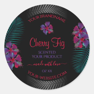 Etiqueta de producto negro Flores rojas púrpuras h