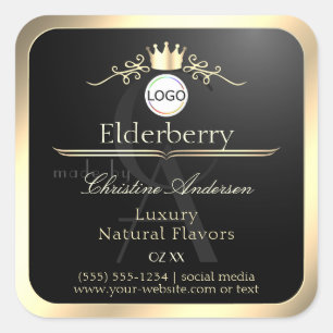 Etiqueta de producto negro noble con logotipo de m