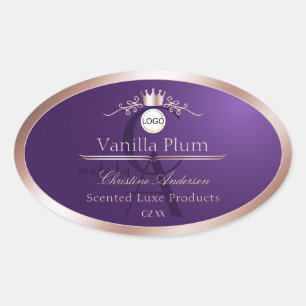 Etiqueta de producto púrpura con logotipo de marco