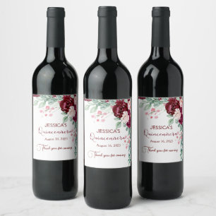 Etiqueta de Purpurina floral Quinceanera Burgundy