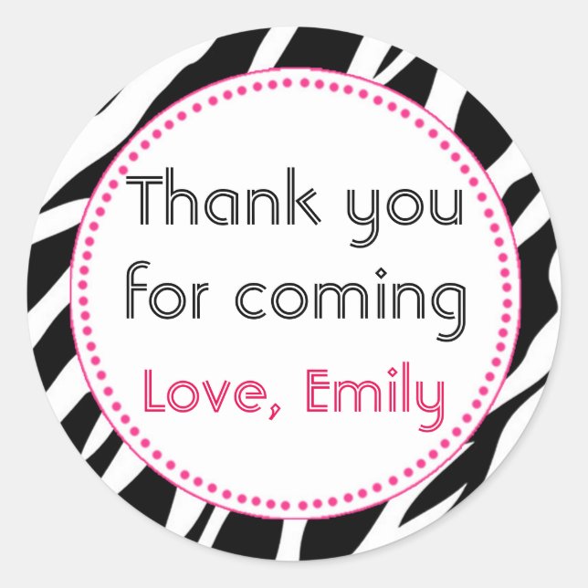 Etiqueta de redondeo rosa cebra gracias a Pegatina (Anverso)