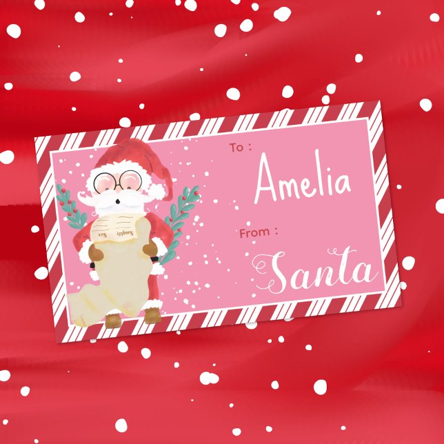 Etiqueta de regalo adhesiva personalizada de Niño  (Santa pink , red and white kid personalized gift tag sticker .)
