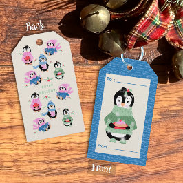 Etiqueta de regalo azul de vacaciones con pingüino