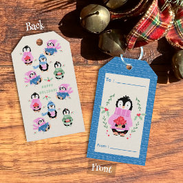 Etiqueta de regalo azul de vacaciones con pingüino