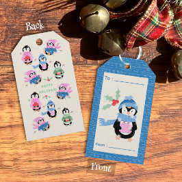 Etiqueta de regalo azul de vacaciones con pingüino