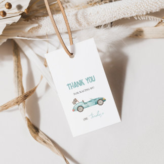 Etiqueta de regalo azul del coche de carrera retro