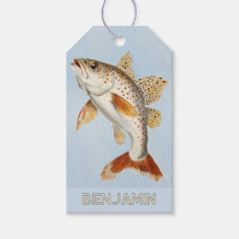 Etiqueta de regalo azul océano de peces nadando