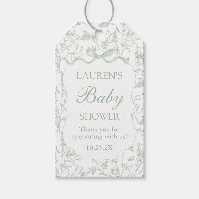 Etiqueta de regalo Baby Shower Sage Bow (Anverso)