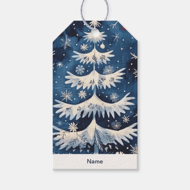 Etiqueta de regalo Blue White Christmas Tree Holid (Anverso)