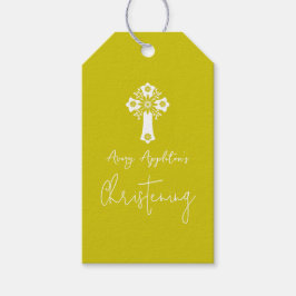Etiqueta de Regalo Cruz Floral Bautizo Amarillo