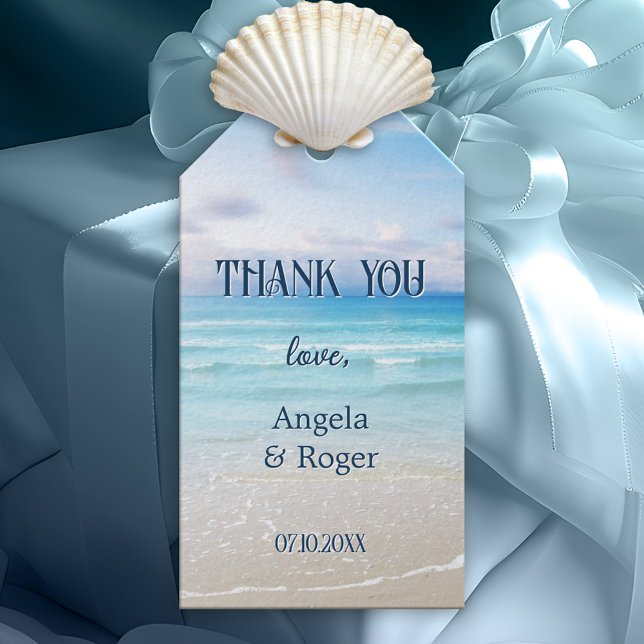Etiqueta de regalo de agradecimiento para boda en  (Elegant design wedding Thank You gift tag featuring a colorful blue turquoise beach)