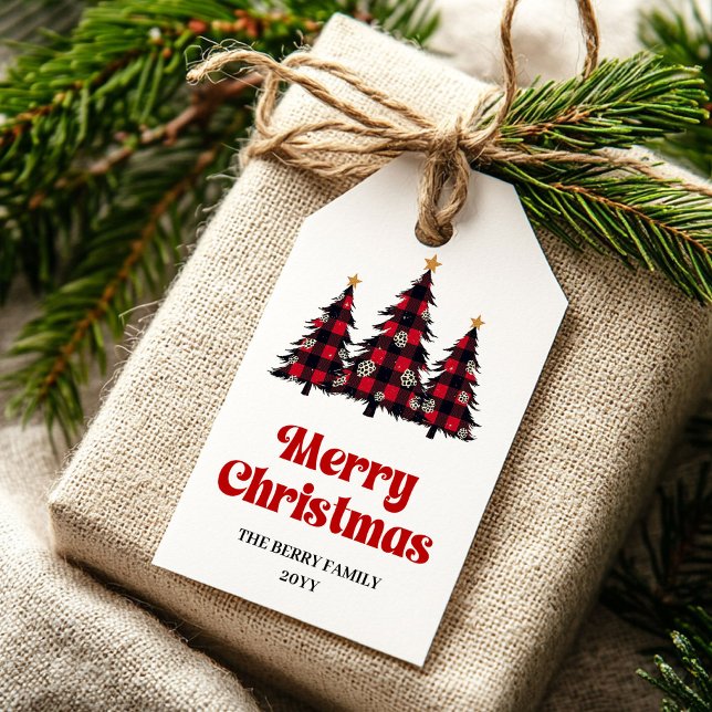 Etiqueta de regalo de árbol de búfalo editable roj (Editable buffalo tree gift tag red green holiday

)
