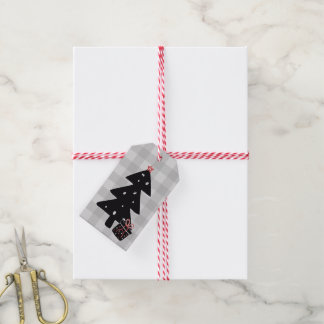 Etiqueta de regalo de árbol de Navidad negro y gri