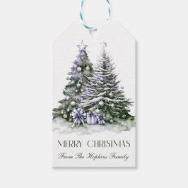 Etiqueta de regalo de árboles de Navidad morados y
