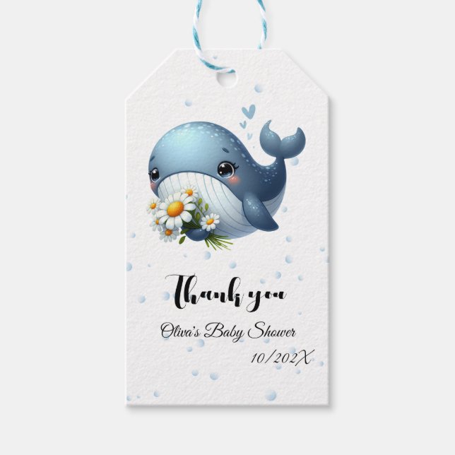 Etiqueta de regalo de Baby Shower de ballena para  (Anverso)