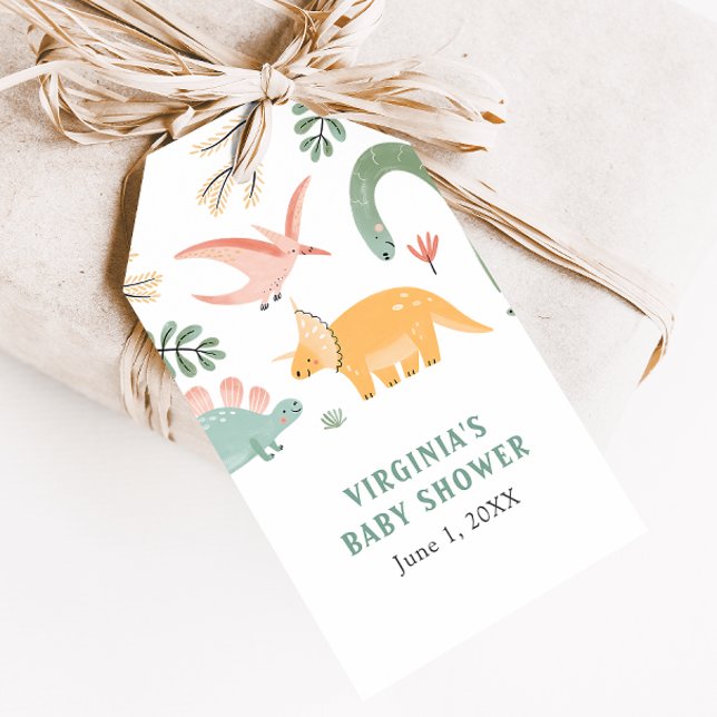 Etiqueta de regalo de Baby Shower de dinosaurios (Cute Dinosaur Baby Shower Gift Tag by Painted Paperie
)