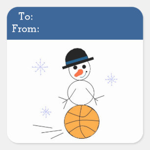 Etiqueta de regalo de baloncesto de muñeco de niev